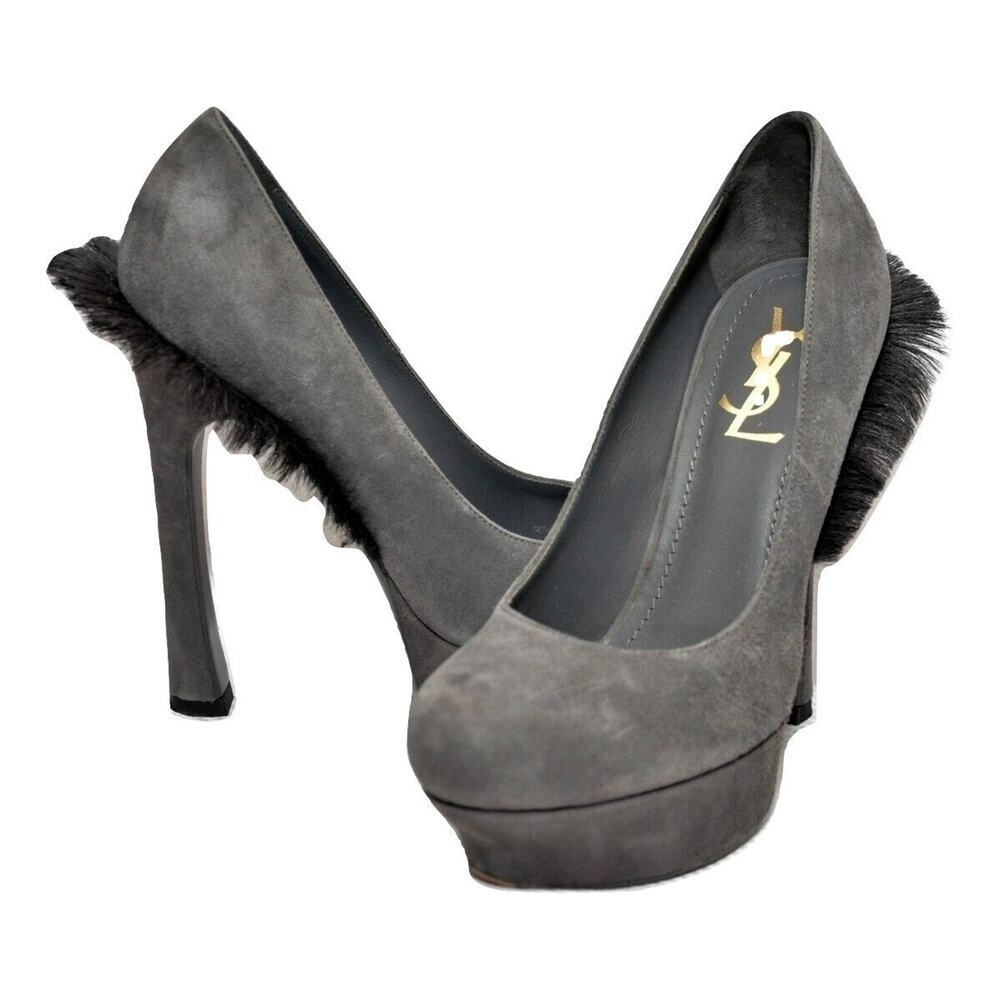 YSL Yves Saint Laurent Palais Mohawk Goat Fur Suede Platform Pump Gray 38/8